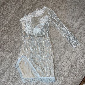 Off the shoulder white and silver mini dress